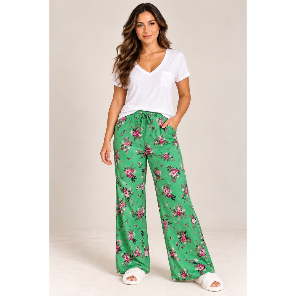Victoria's Secret XXL Green Pink Floral Satin Pajama Lounge Pants Wide Leg